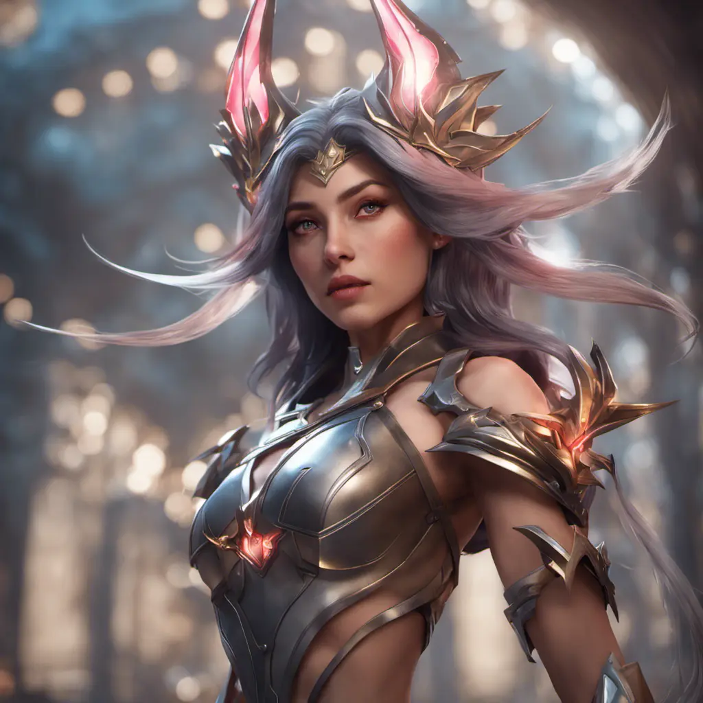 Irelia from League of Legends, 8k, Highly Detailed, Alluring, Photo Realistic, Sharp Focus, Octane Render, Unreal Engine, Volumetric Lighting by Alphonse Mucha