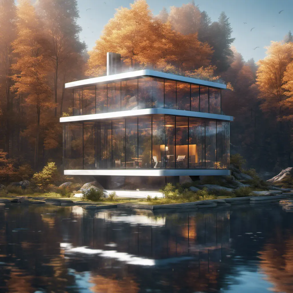 Beautiful futuristic architectural glass house in the forest on a large lake, 8k, Award-Winning, Highly Detailed, Beautiful, Epic, Octane Render, Unreal Engine, Radiant, Volumetric Lighting by Leonid Afremov