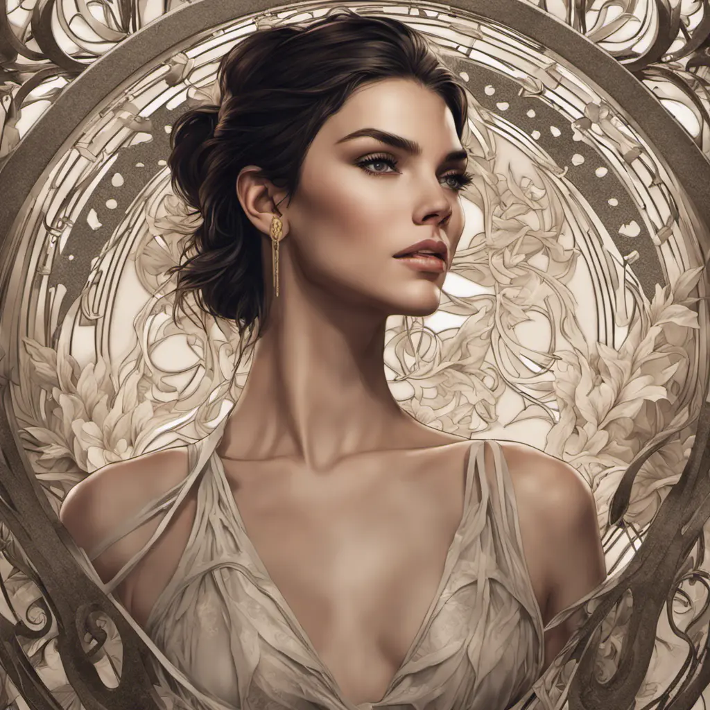 Alluring matte portrait of a beautiful Kendall Jenner, 8k, Highly Detailed, Intricate, Half Body, Realistic, Sharp Focus, Volumetric Lighting, Fantasy, Elegant by Alphonse Mucha