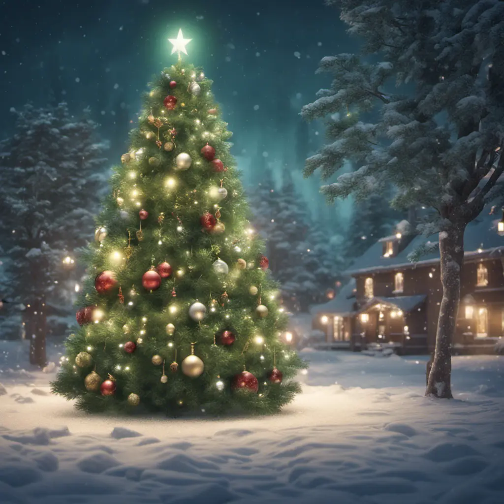 A large green christamas tree in snow lit full of christmas decorations, 8k, Highly Detailed, Digital Painting, Photo Realistic, Sharp Focus, Octane Render, Unreal Engine, Volumetric Lighting