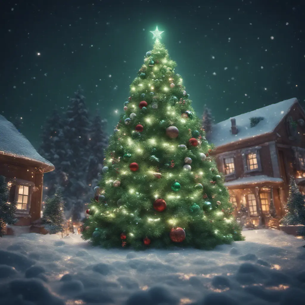 A large green christamas tree in snow lit full of christmas decorations, 8k, Highly Detailed, Digital Painting, Photo Realistic, Sharp Focus, Octane Render, Unreal Engine, Volumetric Lighting