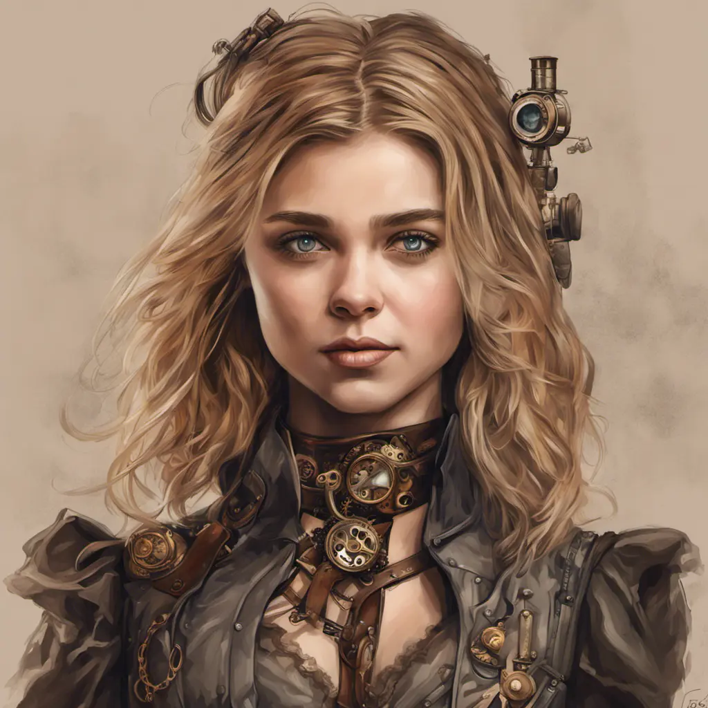 Steampunk portrait of Chloë Grace Moretz, Highly Detailed, Intricate, Artstation, Beautiful, Digital Painting, Sharp Focus, Concept Art, Elegant