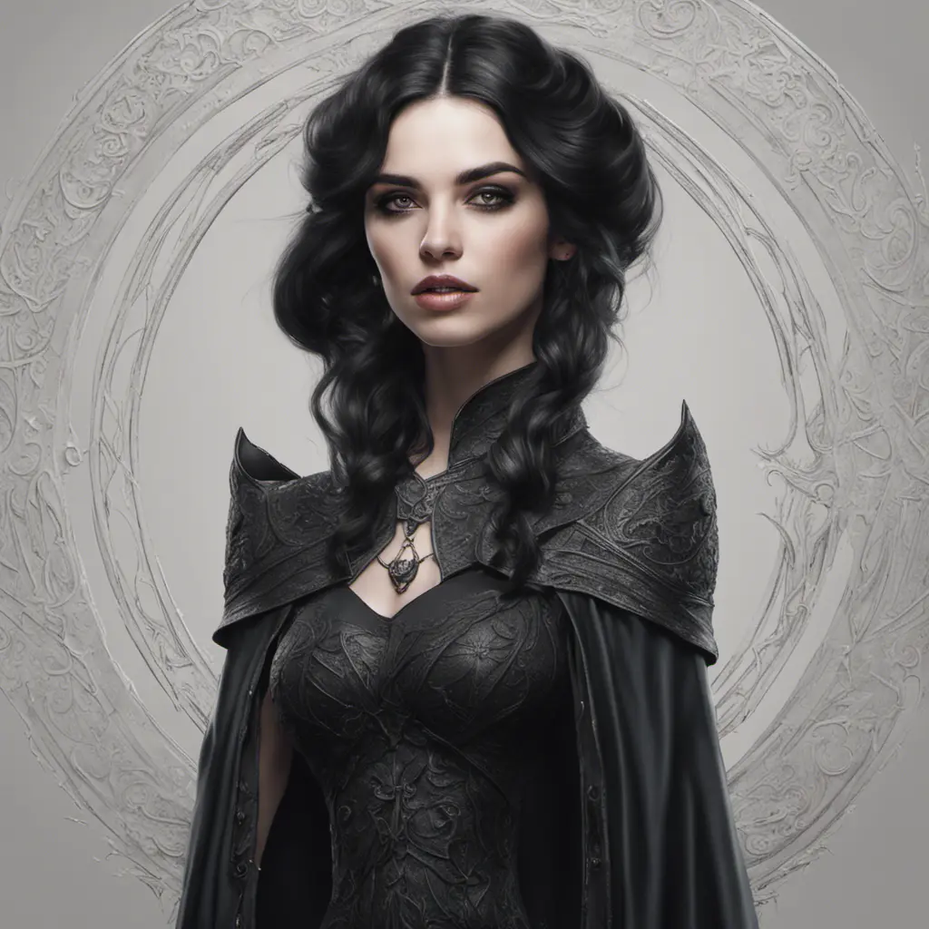 Alluring portrait of a beautiful gothic black haired caped witch in the style of Stefan Kostic, 8k, High Definition, Highly Detailed, Intricate, Half Body, Realistic, Sharp Focus, Fantasy, Elegant