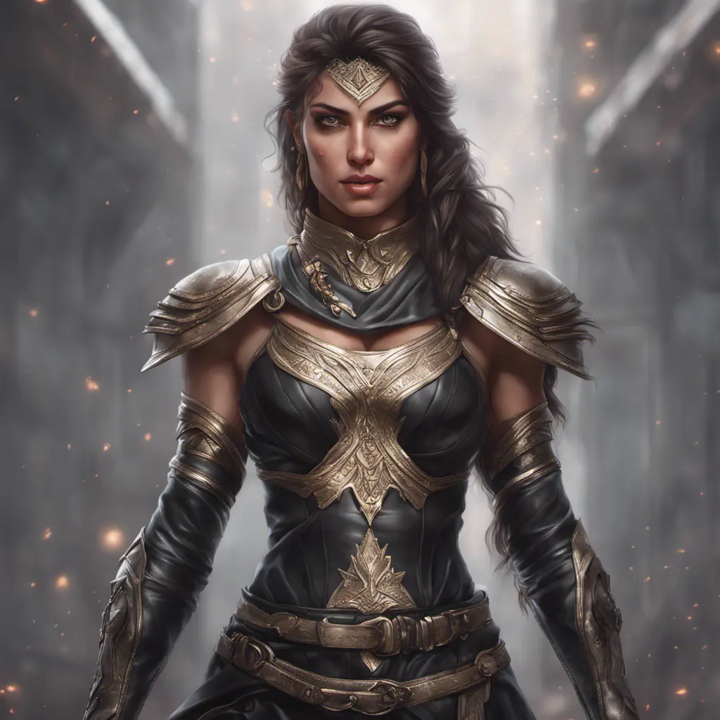 Alluring matte full body portrait of a beautiful Kassandra wearing black leather, 8k, Highly Detailed, Intricate, Realistic, Sharp Focus, Volumetric Lighting, Fantasy, Elegant by Stanley Artgerm Lau, WLOP