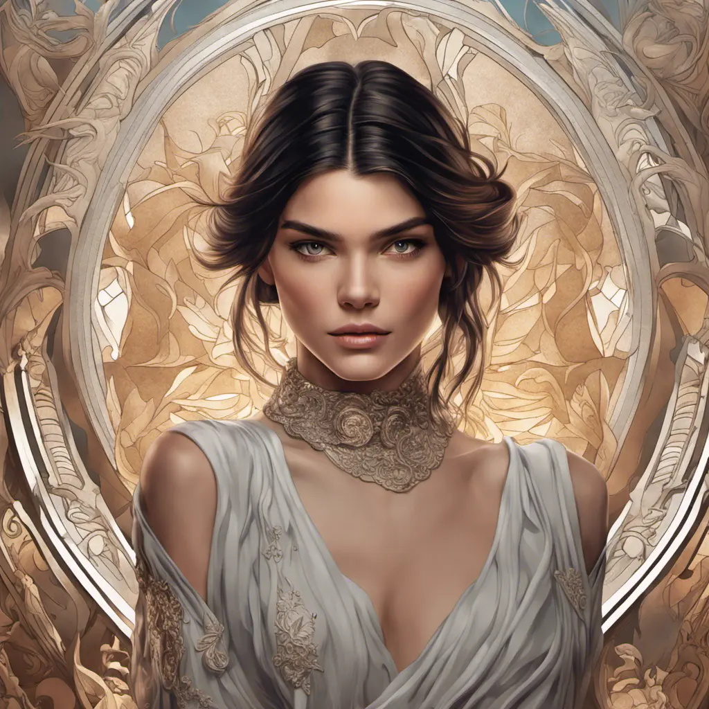 Alluring matte portrait of a beautiful Kendall Jenner, 8k, Highly Detailed, Intricate, Half Body, Realistic, Sharp Focus, Volumetric Lighting, Fantasy, Elegant by Alphonse Mucha