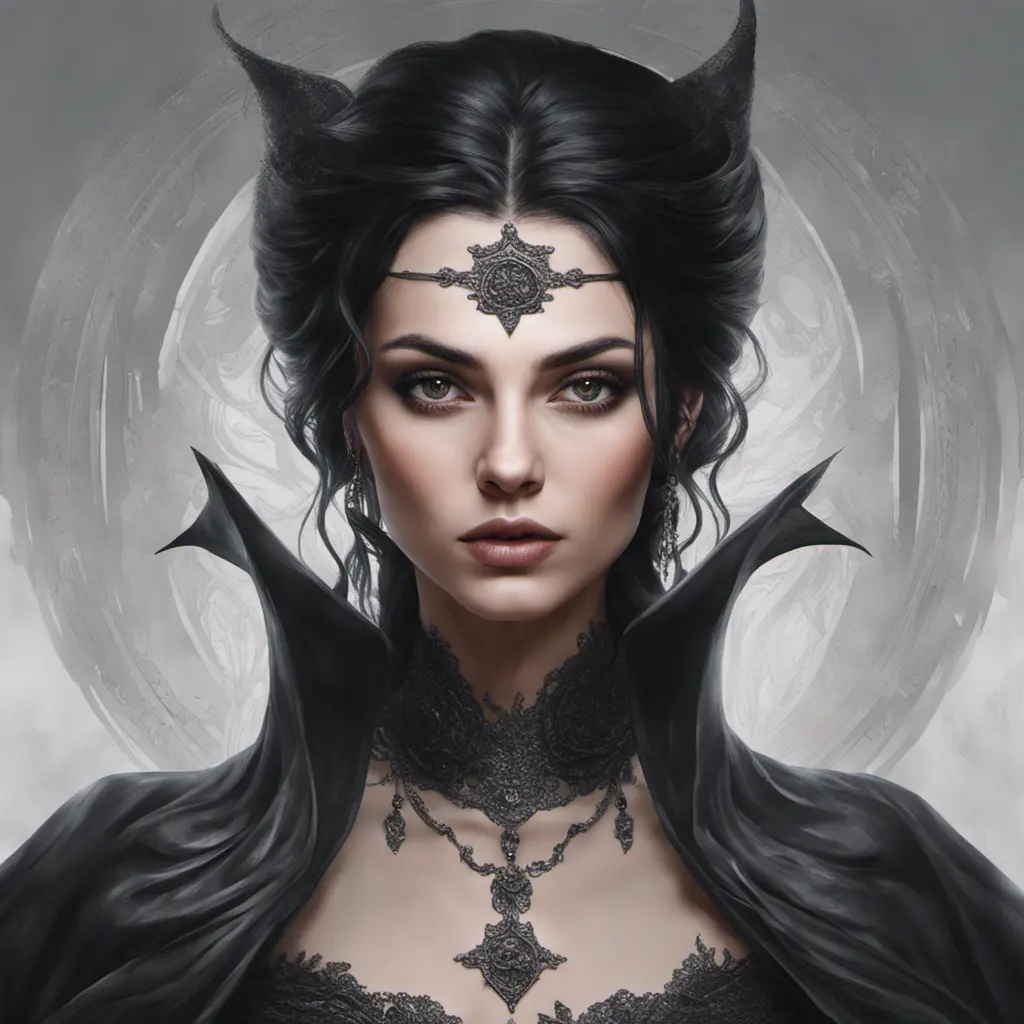 Alluring portrait of a beautiful gothic black haired caped witch in the style of Stefan Kostic, 8k, High Definition, Highly Detailed, Intricate, Half Body, Realistic, Sharp Focus, Fantasy, Elegant