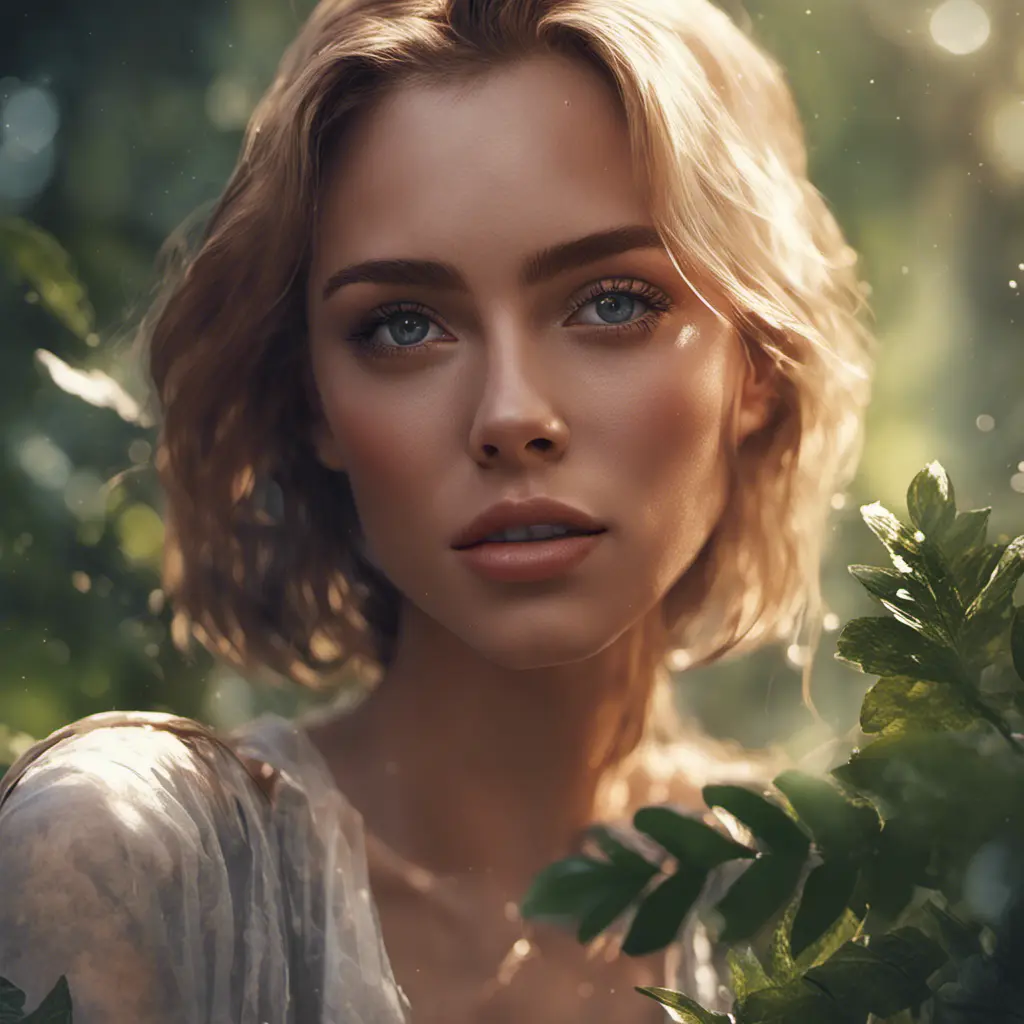 Closeup of a gorgeous female in foliage and the style of stefan kostic, 8k, High Definition, Digital Illustration, Bokeh effect, Photo Realistic, Sharp Focus by WLOP