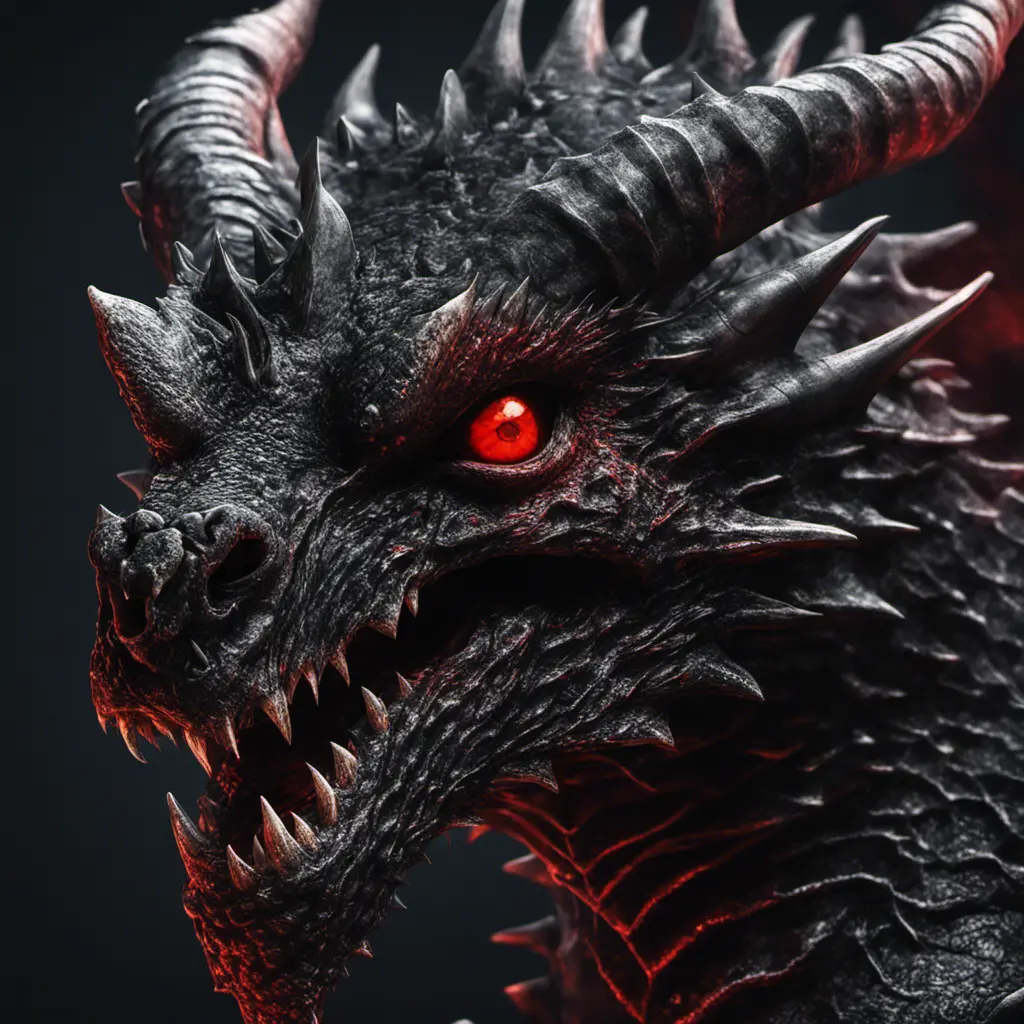 a black dragon with red eyes in 2d, 4k resolution, 8k, HDR, High Definition, High Resolution, Highly Detailed, Hyper Detailed, Ultra Detailed, Closeup of Face, Gothic and Fantasy, Gothic, Horns, Large Eyes, Soft Details, Strong Jaw, Digital Illustration