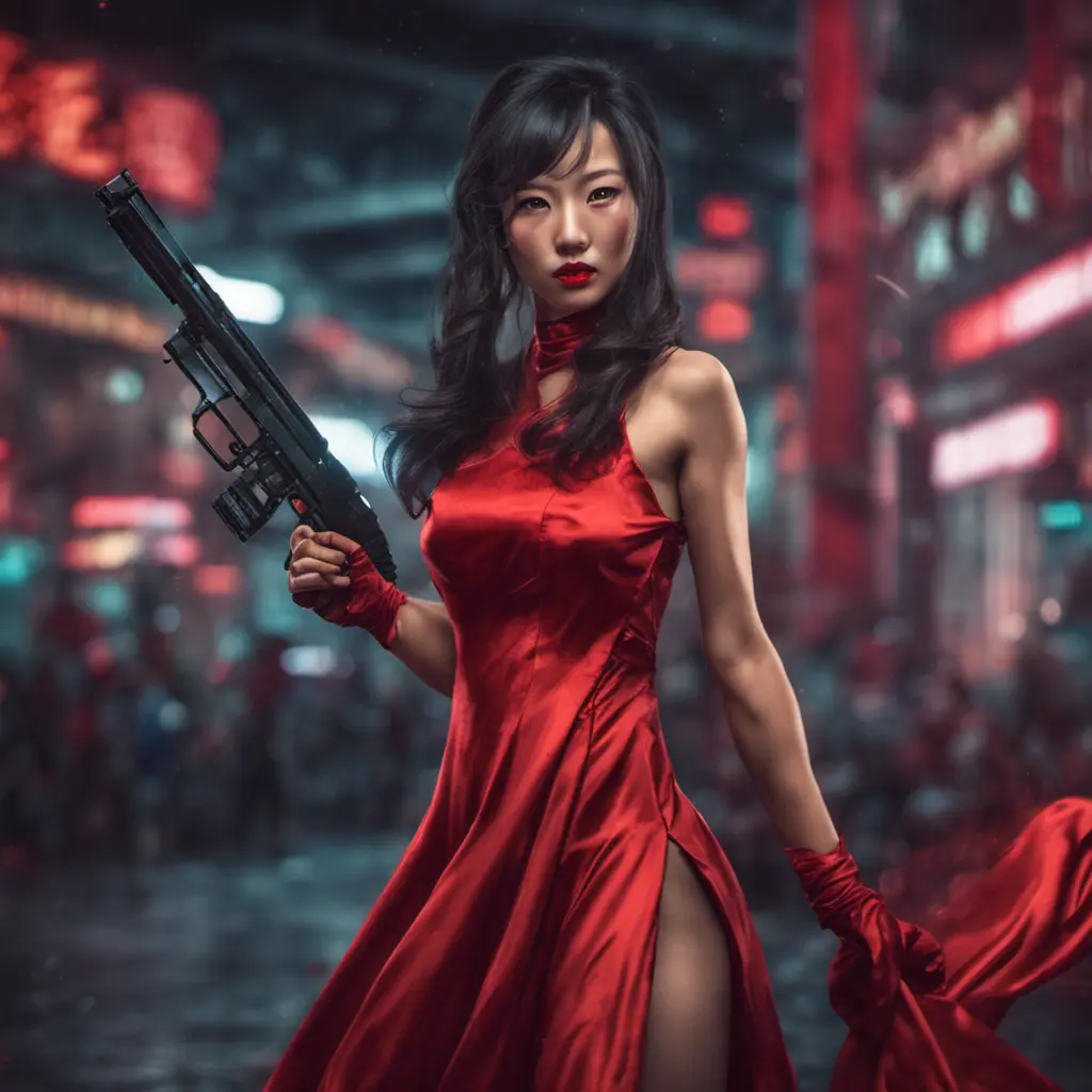 A dangerously armed asian feme fatale in silk red dress at a masquerade ball, Cyberpunk, Sci-Fi, Photo Realistic