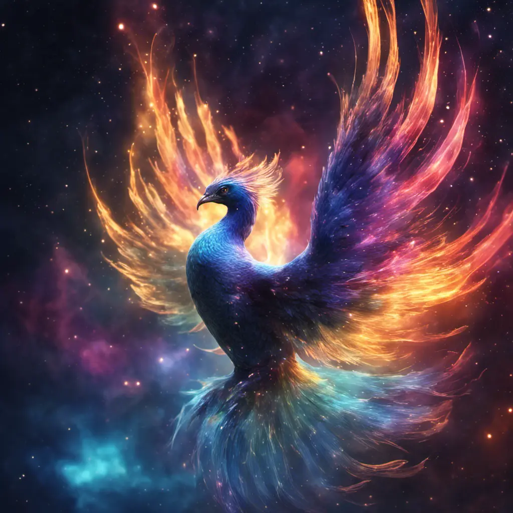 The Nebula Phoenix is a cosmic bird with wings that resemble swirling galaxies. Witness the physics of space and time as it flaps through the digital cosmos, Unreal Engine, Volumetric Lighting, Vibrant Colors