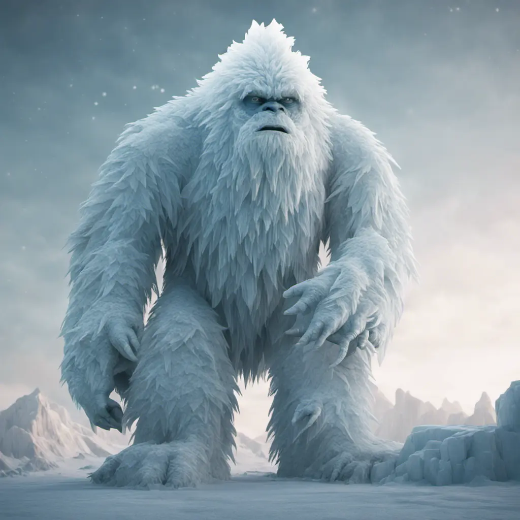 The Glacial Yeti is a towering ice creature that glistens with frost. Watch as ice crystals form and shatter realistically as it moves through its frigid habitat, 8k