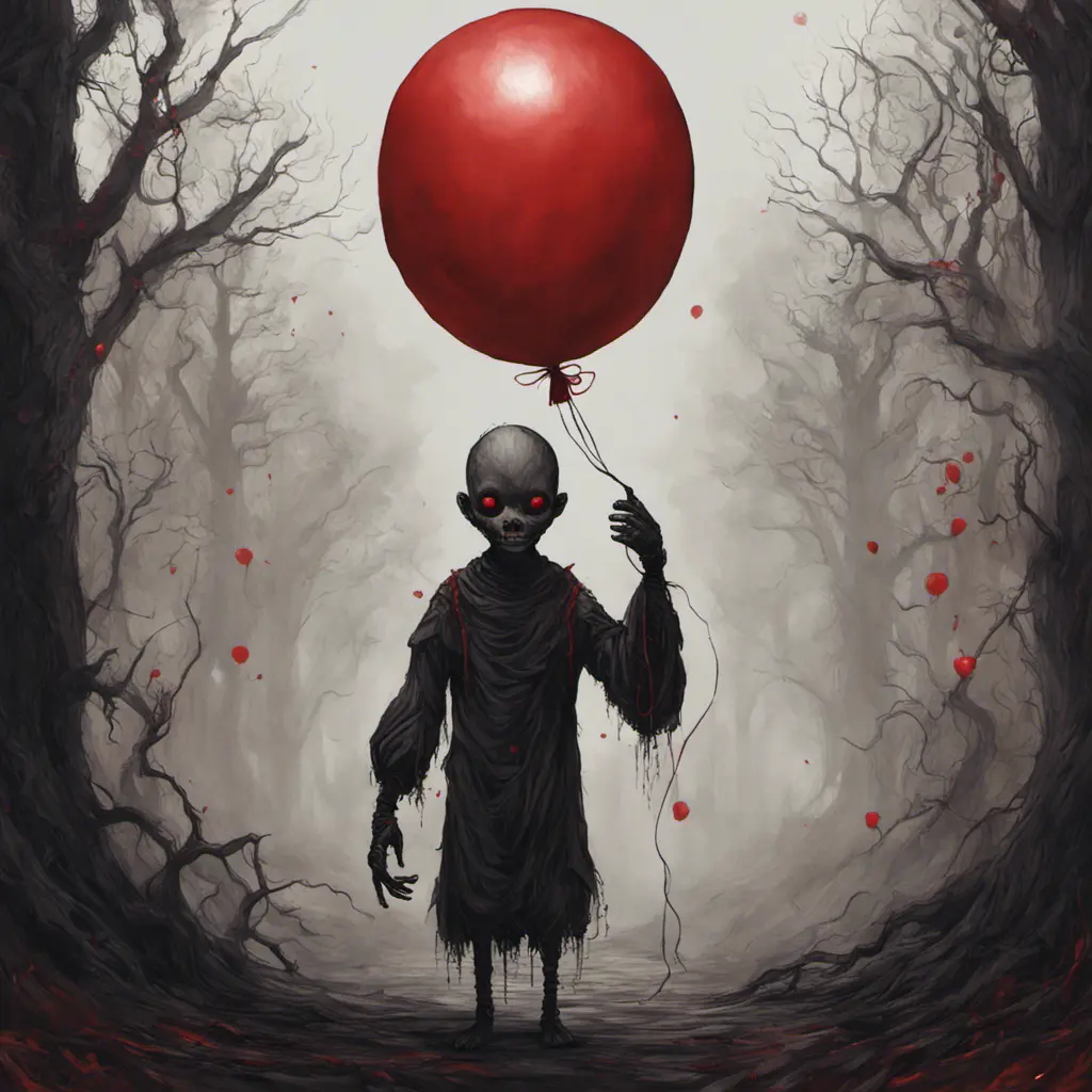 dark aesthetic, A creepy dark humanoid figure, holding a red balloon, scary, eerie, stunning fantasy illustration, Intricate Details, Fantasy, Dark