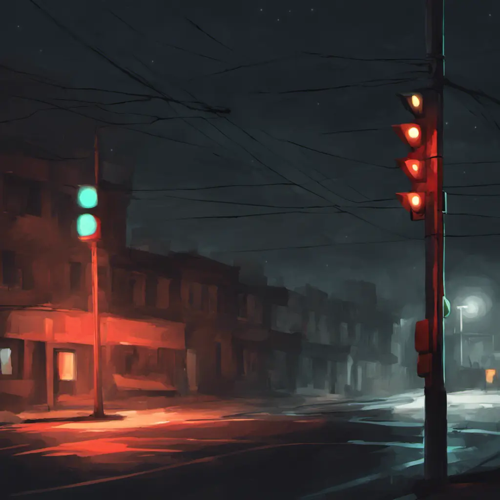 A simple bright trafficlight at a street corner at night, Dystopian, Digital Painting, Dark