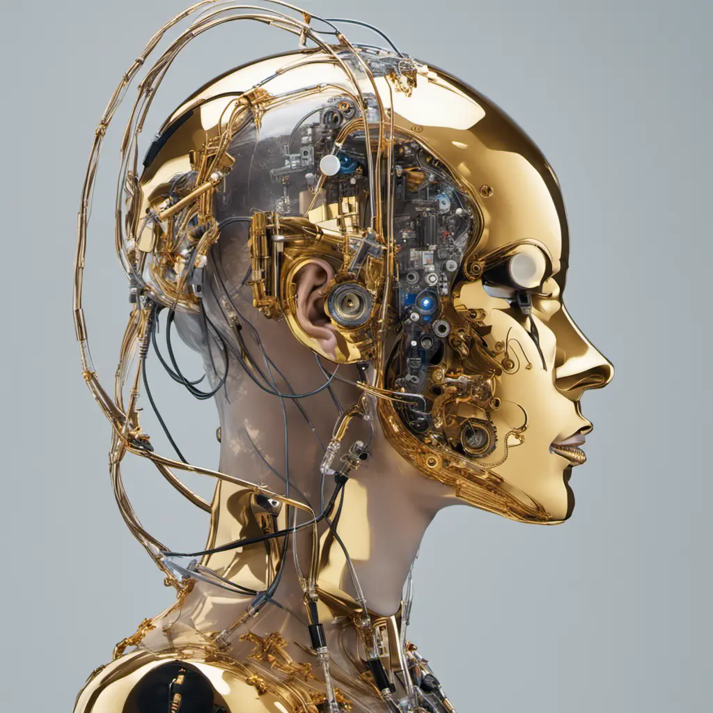 Profile Photography of a cyborg woman head without body, connected by cables and wires and LED, an attractive transparent gold plexiglass body punk PLC Robots with silver motor head, with ray guns, 80 degree view, Cybernatic and Sci-Fi by Salvador Dali, James Jean, Natalie Shau