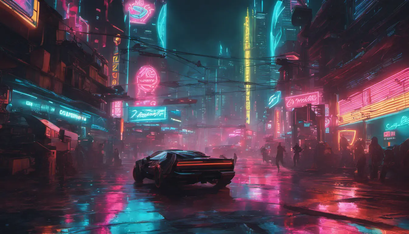 Neon city lights of Cyberpunk 2077, Highly Detailed, Intricate, Artstation, Beautiful, Digital Painting, Sharp Focus, Concept Art, Elegant