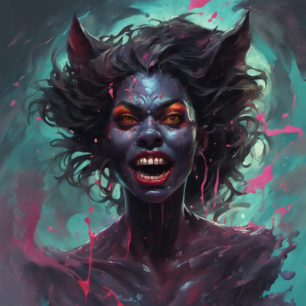 splash art, a quirky liquid portrait of a hauntingly beautiful dark werewolf woman, splash style of paint, Pixar style, Halloween colors, fantastical, splashy, 4k resolution, 8k, Hyper Detailed, Intricate Details, Masterpiece, Oil on Canvas, Concept Art, Digital Art, Dark