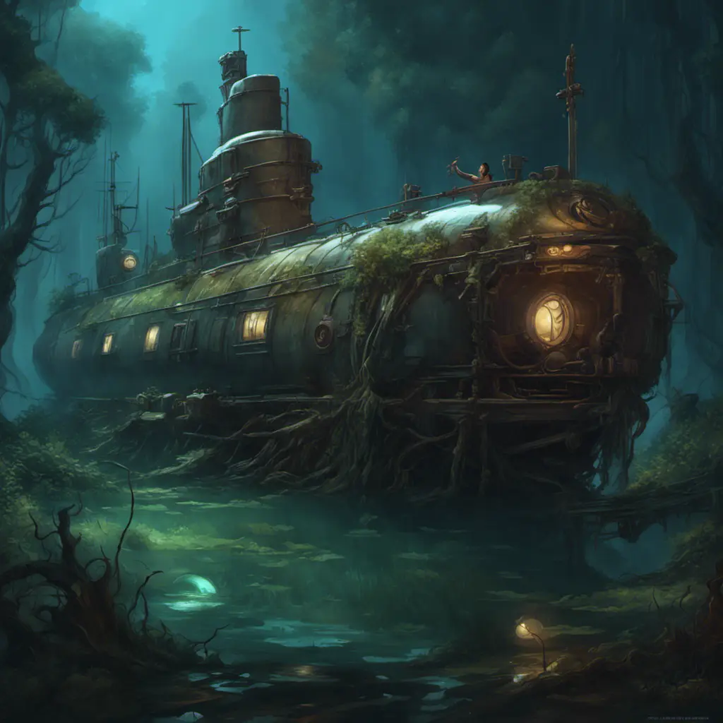 Beached steampunk submarine shipwreck in swamp,  dark atmosphere, night, mijn, highly detailed, digital painting, artstation, concept art, smooth, sharp focus, illustration, art by artgerm and greg rutkowski and alphonse mucha, erte, 8 k, Highly Detailed, Artstation, Digital Painting, Illustration, Sharp Focus, Smooth, Concept Art by Stanley Artgerm Lau, Greg Rutkowski