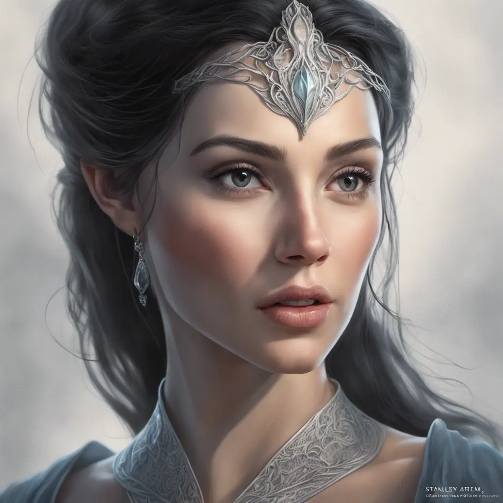 Alluring matte portrait of a beautiful Arwen in the style of Stefan Kostic, 8k, Highly Detailed, Intricate, Half Body, Realistic, Sharp Focus, Volumetric Lighting, Fantasy, Elegant by Stanley Artgerm Lau, Greg Rutkowski