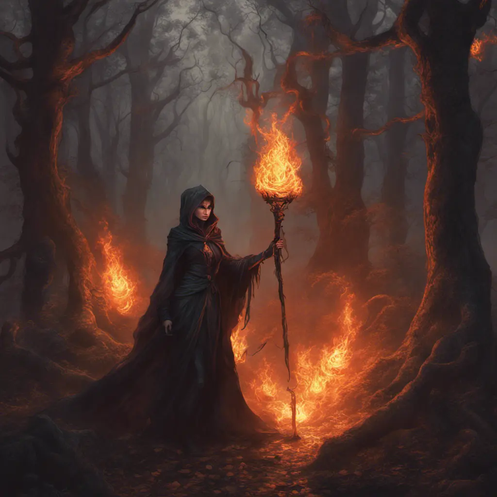 Fire mage in a haunted forest, Highly Detailed, Intricate, Gothic, Volumetric Lighting, Fantasy, Dark by Stanley Artgerm Lau