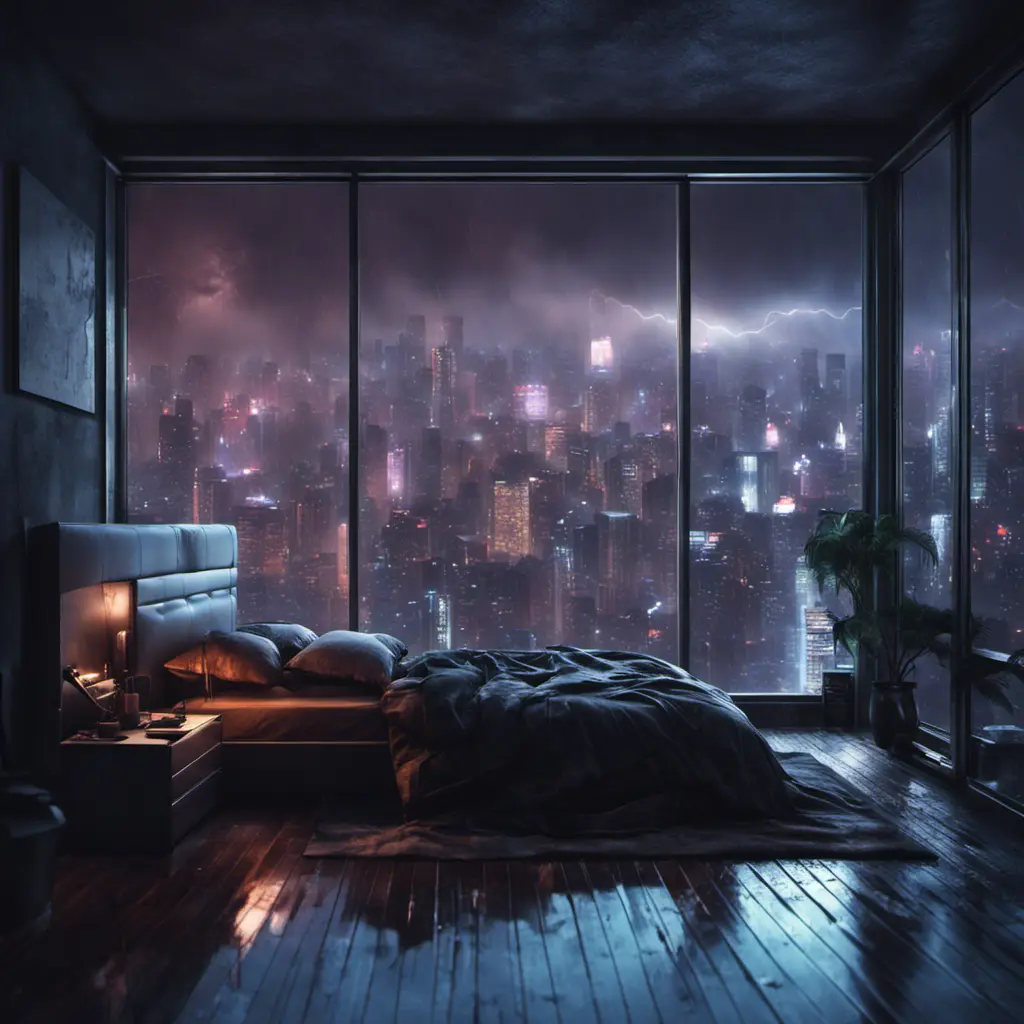 Beautiful cozy bedroom with floor to ceiling glass windows overlooking a cyberpunk city at night, thunderstorm outside with torrential rain, High Resolution, Highly Detailed, Darkwave, Gloomy