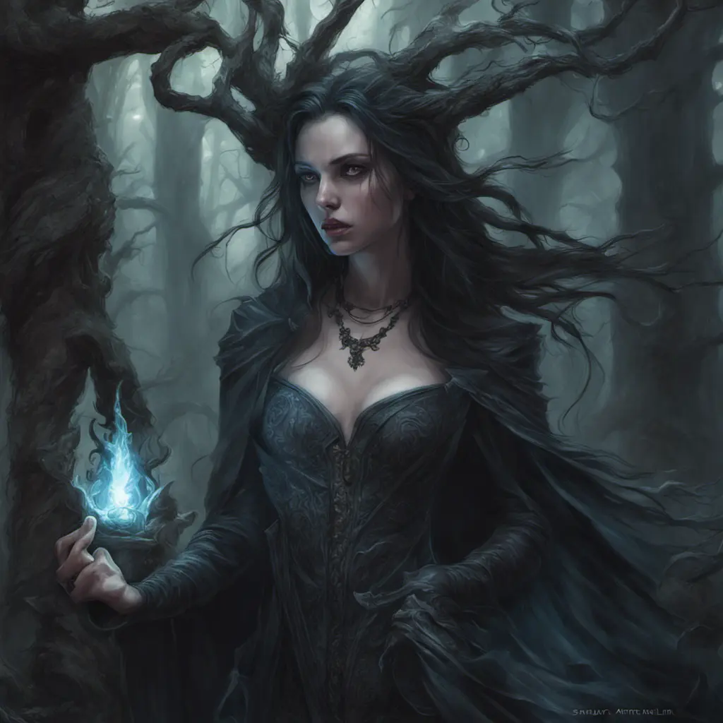 Sorceress in a haunted forest, Highly Detailed, Intricate, Gothic, Volumetric Lighting, Fantasy, Dark by Stanley Artgerm Lau