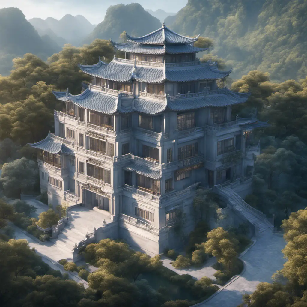 A gorgeous Chinese - style high - rise villa stands in the valley, luxurious majestic silver - grey blue antique palace, 8k, HD, High Definition, Soft Lighting