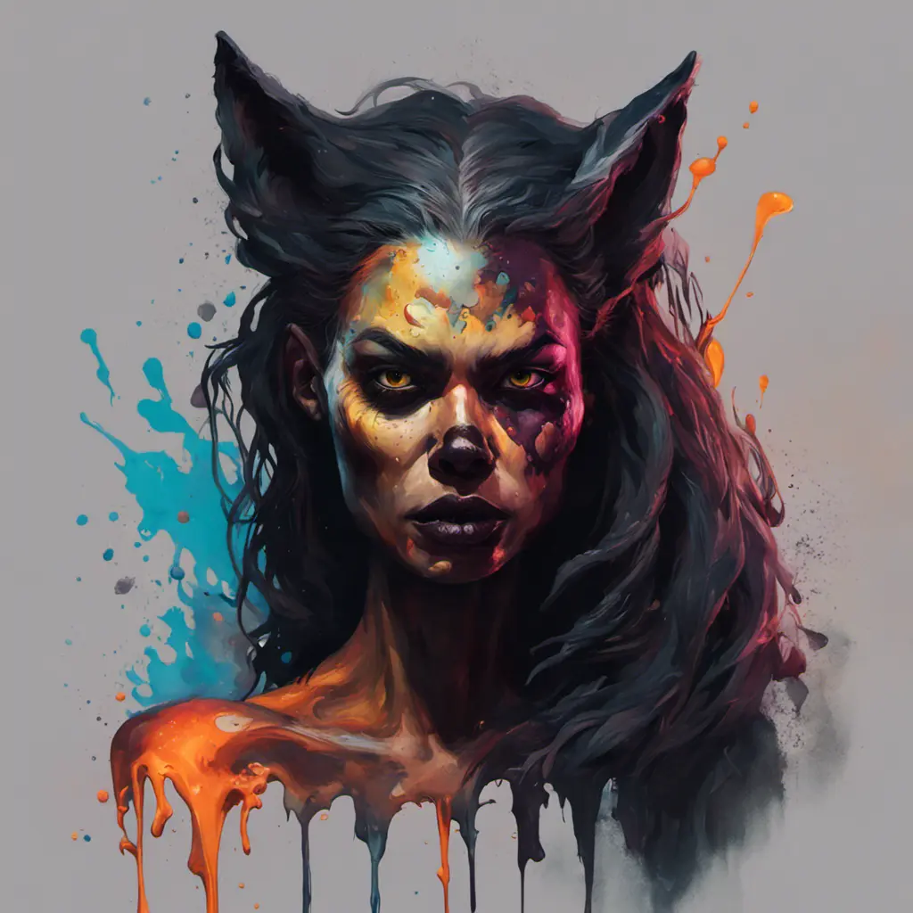 splash art, a quirky liquid portrait of a hauntingly beautiful dark werewolf woman, splash style of paint, Pixar style, Halloween colors, fantastical, splashy, 4k resolution, 8k, Hyper Detailed, Intricate Details, Masterpiece, Oil on Canvas, Concept Art, Digital Art, Dark