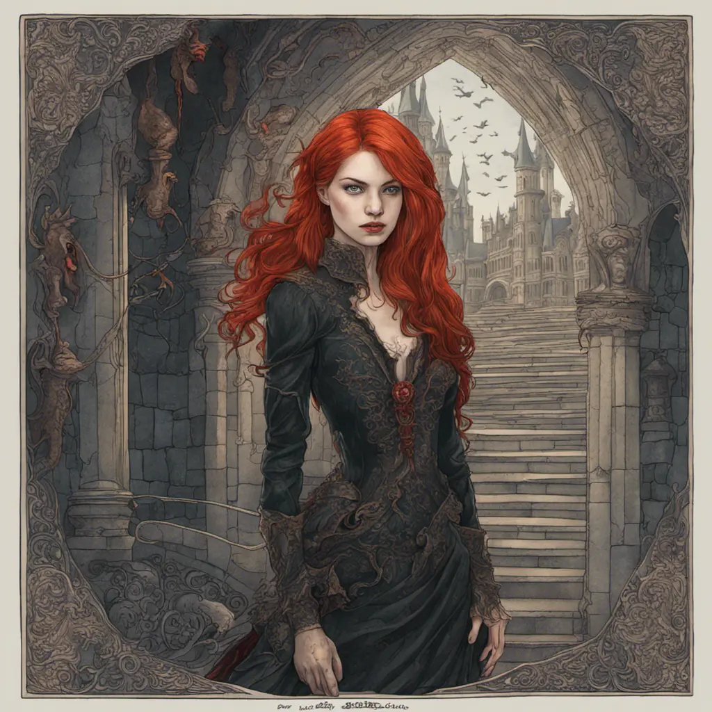 Woman with draconian traits and red hair in a haunted castle, Intricate Details, Fantasy