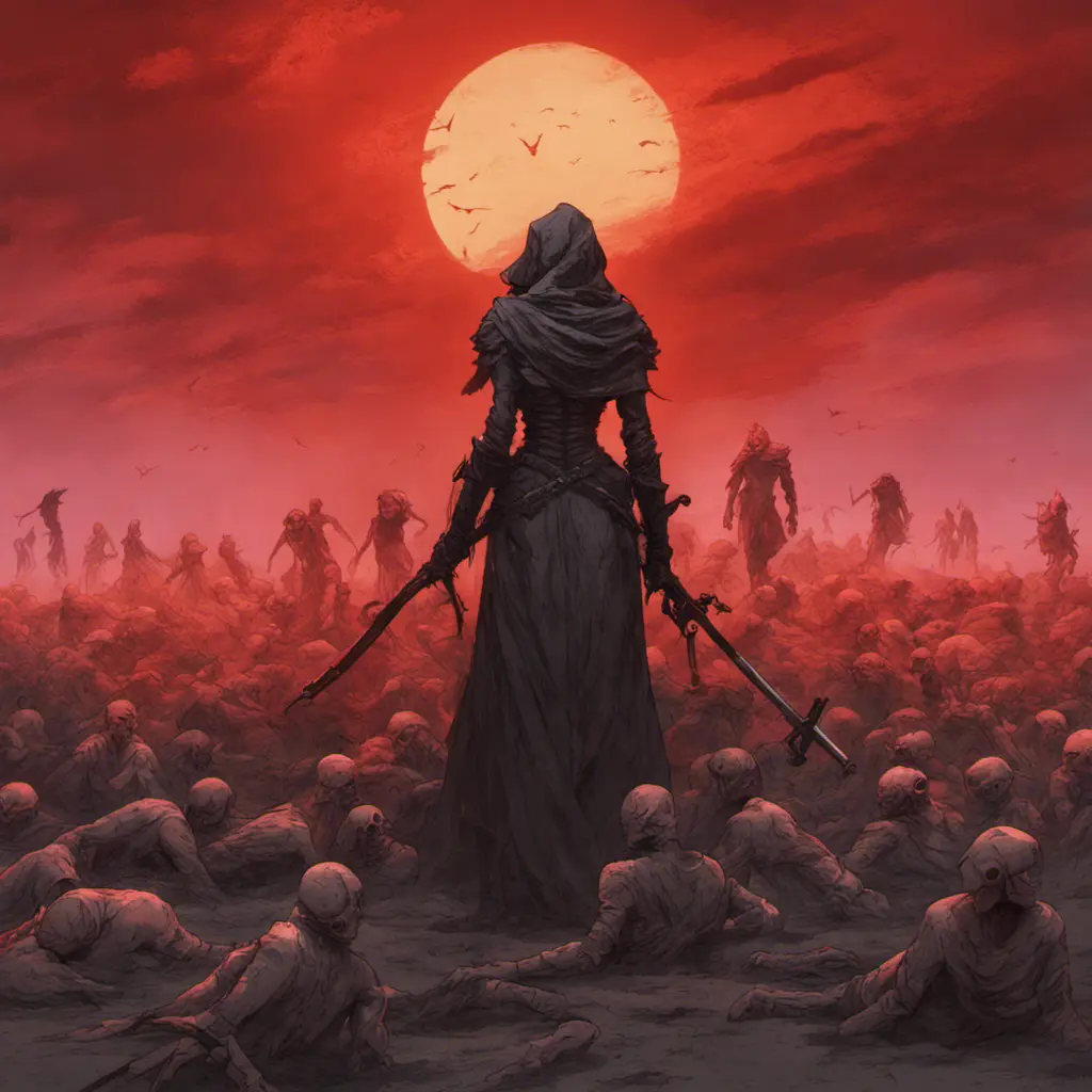 Back view of an assassin woman on a batte field covered by corpses. The sky is colored by a red sun set, Dystopian, Volumetric Lighting