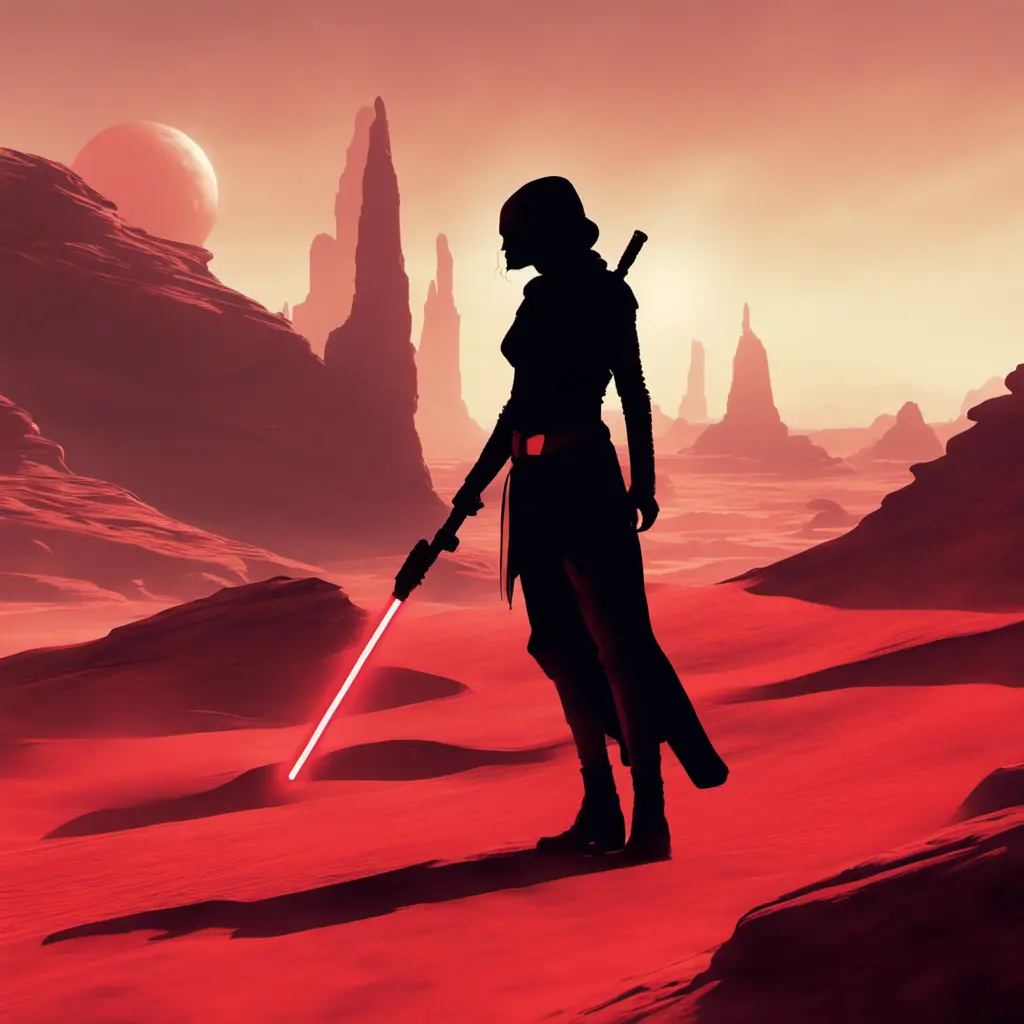 Portrait of a silhouette star wars female jedi with her red lightsaber, on an alien planet, in the style of evocative environmental portraits, dark, red, Sci-Fi, Volumetric Lighting