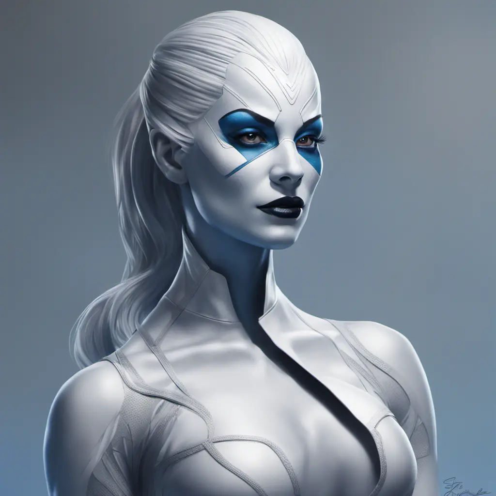 Alluring matte portrait of a beautiful Mystique from Xmen in the style of Stefan Kostic, 8k, Highly Detailed, Intricate, Half Body, Realistic, Sharp Focus, Volumetric Lighting, Fantasy, Elegant by Stanley Artgerm Lau, Greg Rutkowski