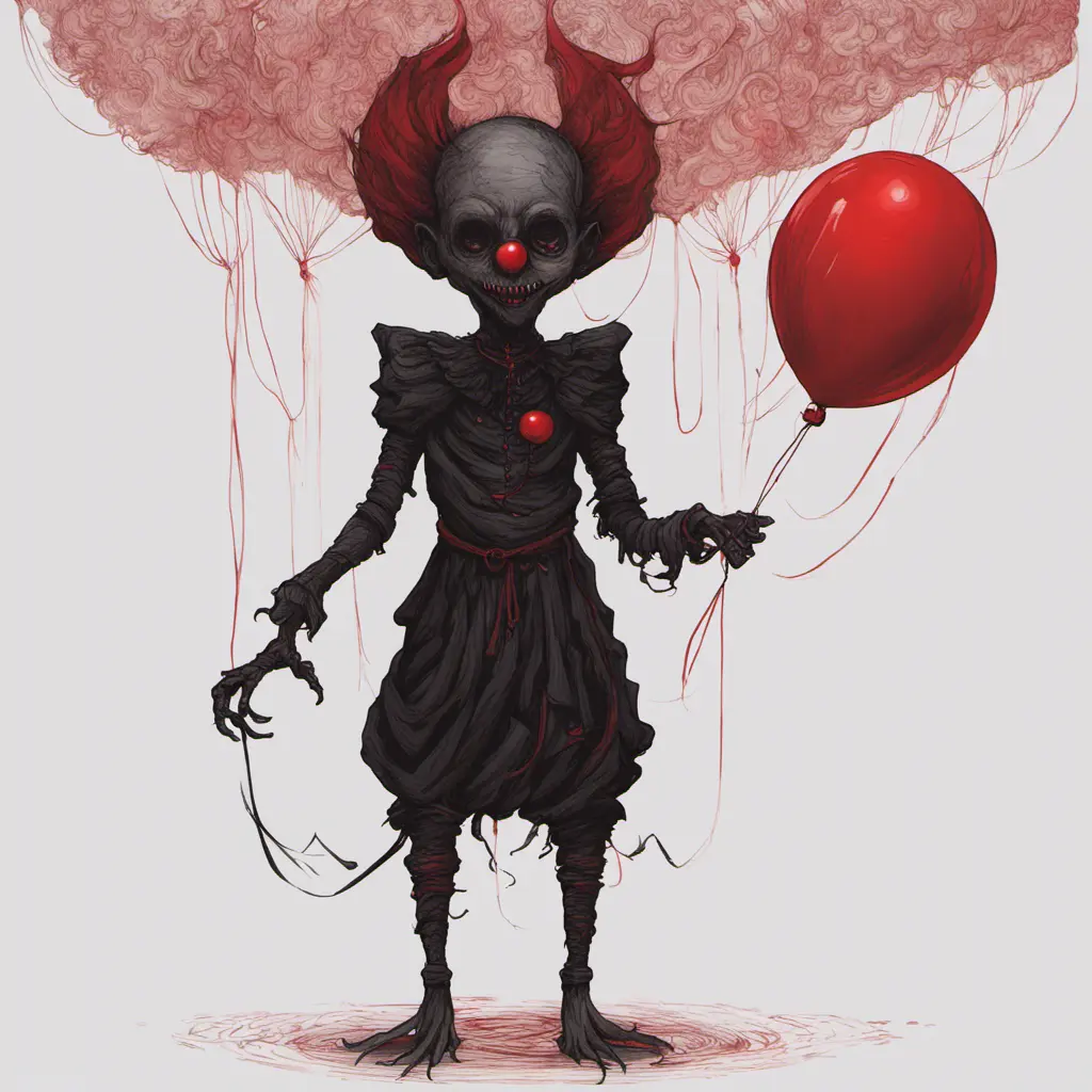 dark aesthetic, A creepy dark humanoid figure, holding a red balloon, scary, eerie, stunning fantasy illustration, Intricate Details, Fantasy, Dark