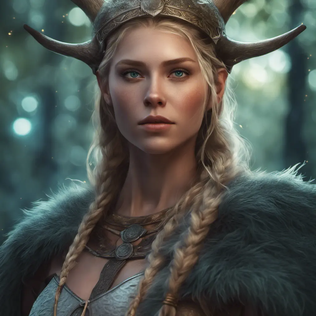 Closeup of a beautiful female viking in a magical forest, 4k, Highly Detailed, Masterpiece, Pretty Face, Digital Illustration, Cinematic Lighting, Realistic, Sharp Focus, Centered, Beautifully Lit, Bioluminescent by Stanley Artgerm Lau