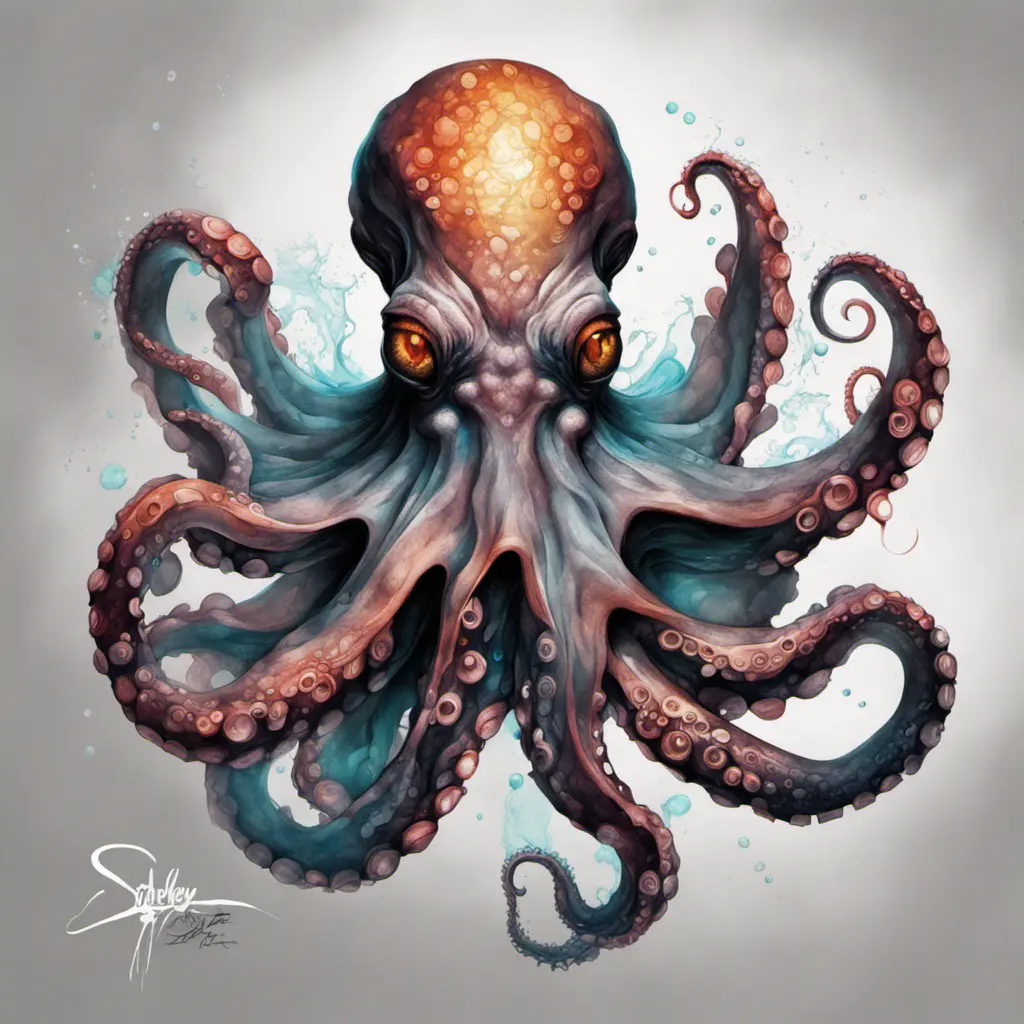 Octopus, Highly Detailed, Intricate, Color Splash, Ink Art, Fantasy, Dark by Stanley Artgerm Lau