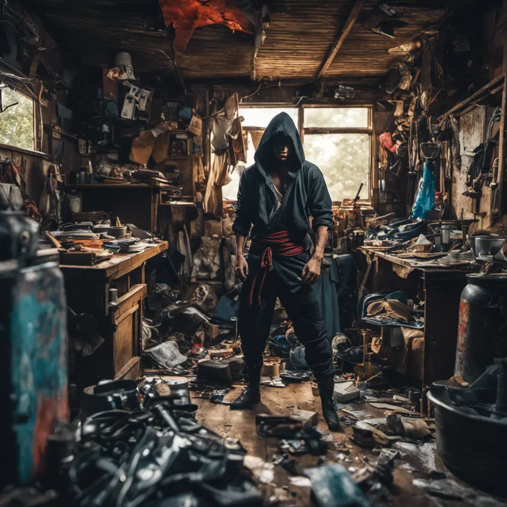 Wide angle Environmental shot of ninja assassin in a cluttered and messy shack, chaotic shack in background, maxilism, Darkwave, Photo Realistic, Sharp Focus, Vibrant Colors