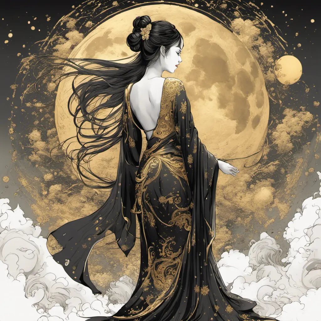 Full body back of an Asian goddess in a black dress with gold decorations. A dress with no flesh on the back, holding a fan in one hand. hyperdetailed eyes, Poster design, line art, a fantastically large moon background, ultra detailed artistic, detailed gorgeous face, natural skin, colour splash art, fire and ice, splatter, black ink, liquid melting, dreamy, glowing, glamour, glimmer, shadows, brush strokes, ominous, golden ratio, production cinematic character render, ultra high quality model, 8k, Highly Detailed, Intricate, Masterpiece, Oil on Canvas, Sharp Focus, Smooth, Unreal Engine, Glamour Shot, Vibrant Colors, Ominous