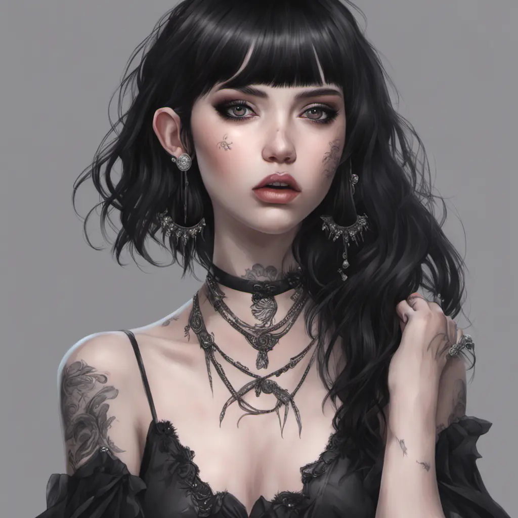 E-girl, fully body, black hair, bangs hairstyle, pale skin, high detail, highly detailed, digital painting, blank background, black fingernails on fingers, black lipstick, 8k, Gothic and Fantasy, Trending on Artstation