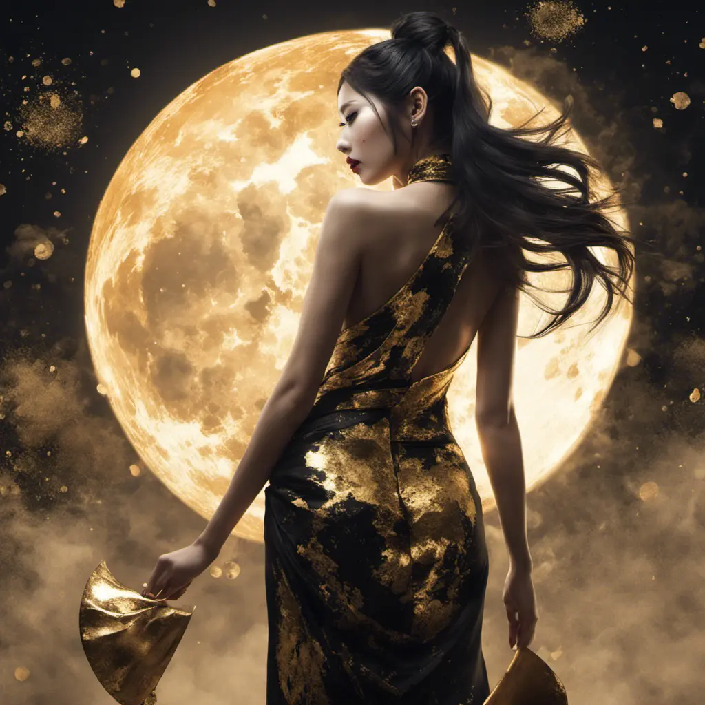 Full body back of an Asian goddess in a black and gold backless dress holding a fan in one hand. A fantastically large moon background, detailed gorgeous face, natural skin, fire and ice, splatter, black ink, liquid melting, dreamy, glowing, glamour, glimmer, shadows, ominous, golden ratio, production cinematic character render, ultra high quality model, 8k, Highly Detailed, Intricate, Masterpiece, Oil on Canvas, Sharp Focus, Smooth, Unreal Engine, Glamour Shot, Vibrant Colors, Ominous