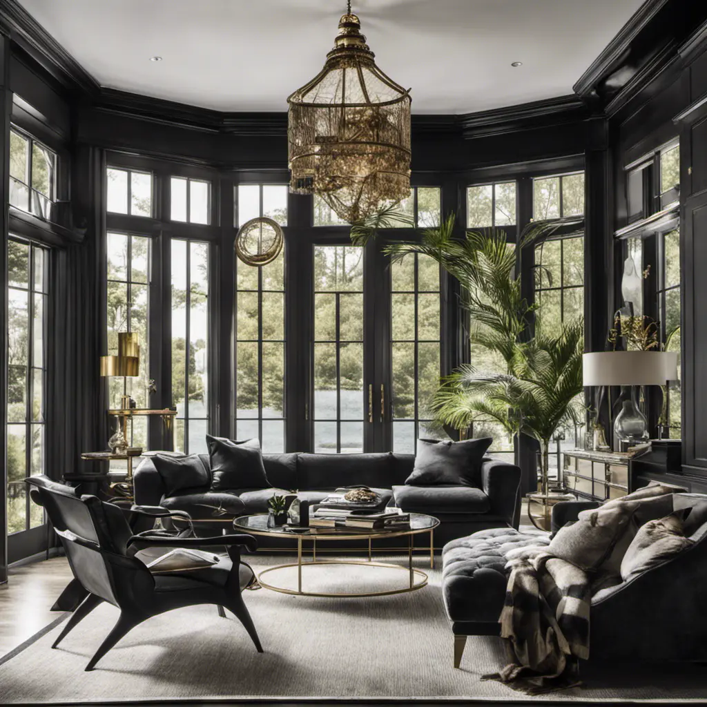 Interior architectural hi-res editorial award photo living room with a small glass wall, victorian coastal Villa inspired by the old town, in Hamptons, black and gold toned, High Resolution, Highly Detailed, Intricate Details, Photo Realistic, Natural Light