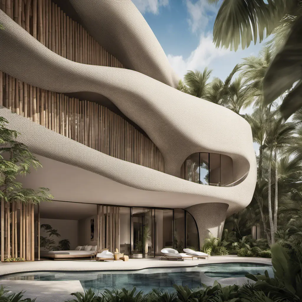 Envision a Zaha Hadid-styled, environmentally-conscious villa nestled within the bustling modern architecture of Tulum, Quintana Roo. As you approach from the entrance, the street view reveals a facade adorned with a vertical bamboo lattice, gracefully contrasting with the stone finish. Large overhangs hint at the interior's coolness, and the surrounding trees whisper tales of nature's embrace, Award-Winning, Intricate Details