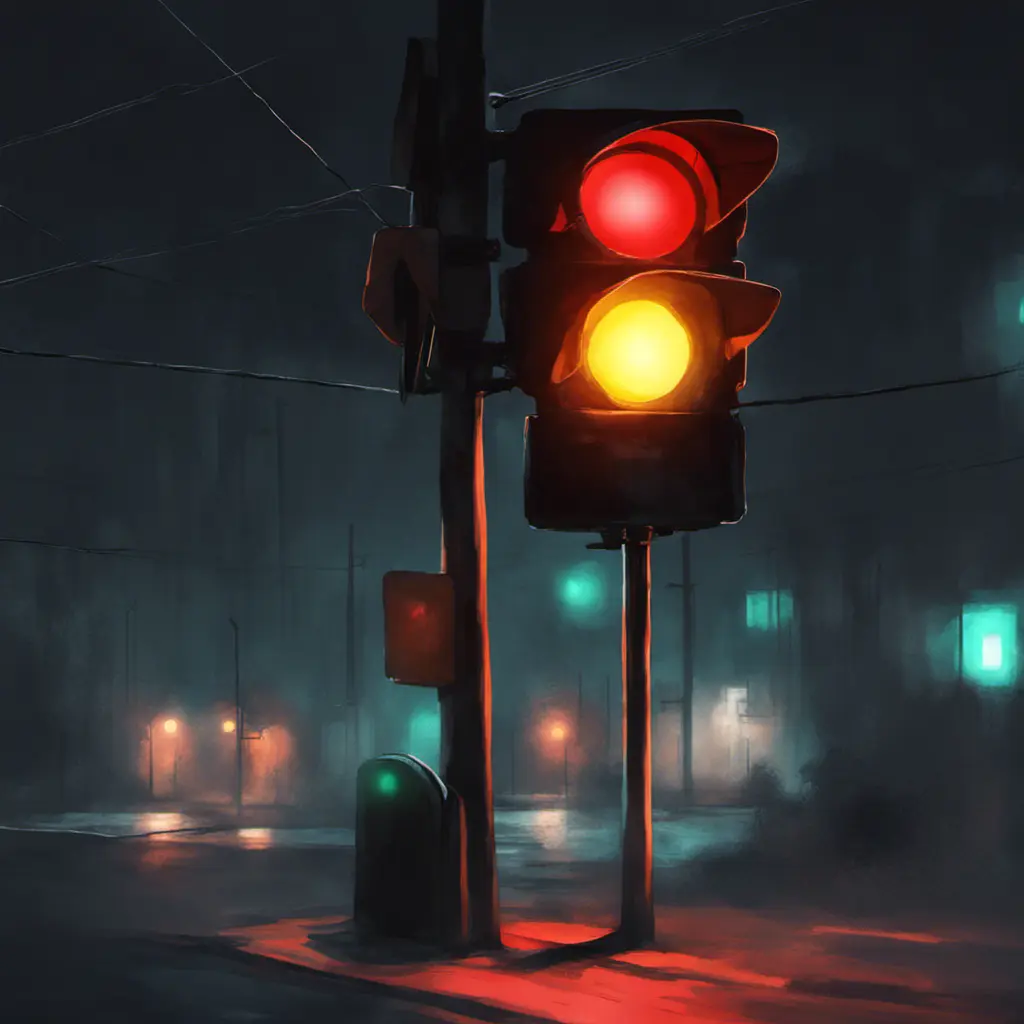 A simple bright trafficlight at a street corner at night, Dystopian, Digital Painting, Dark