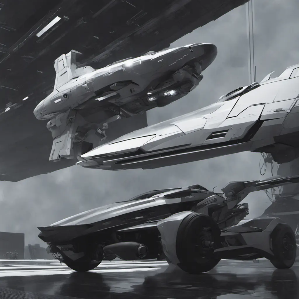 One with a spacecraft parked next to another, in the style of monochromatic compositions, dynamic action sequences, wlop, vray, silver and black, streamline elegance, hisui sugiura, Sci-Fi