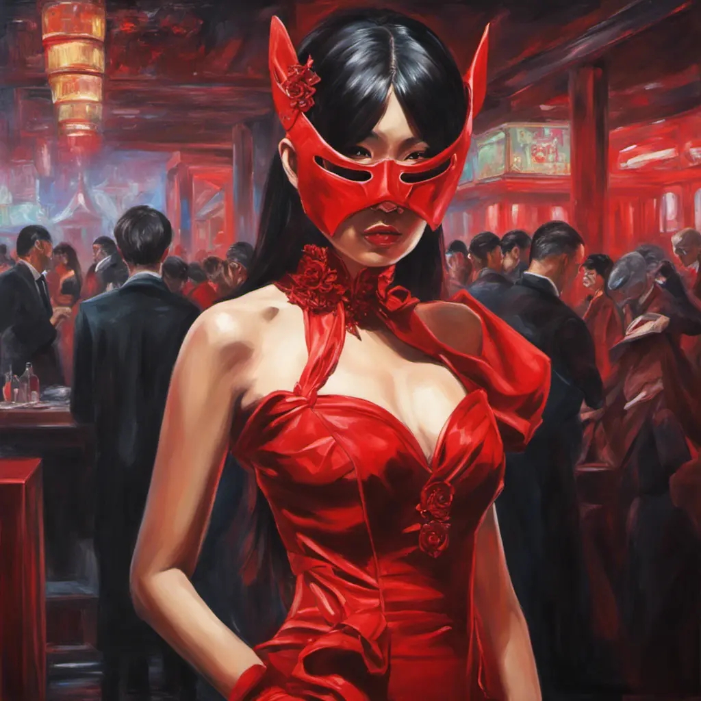 Asian cyberpunk feme fatale in expensive red dress with mask at a masquerade ball smart but dangerous in a high-tech club., Oil on Canvas, Photo Realistic