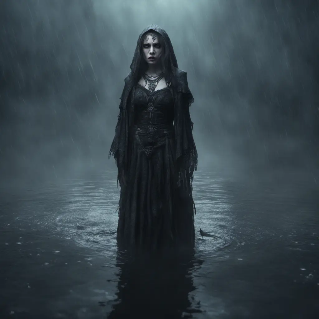 The frightening La Yorona with black eyes on her shoulder stands in a dark lake. Mist. Rain., 8k, HD, Gothic and Fantasy, Trending on Artstation, Sci-Fi, Soft Lighting