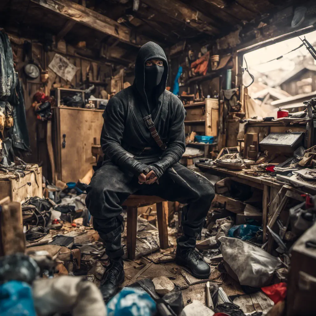 Wide angle Environmental shot of ninja assassin in a cluttered and messy shack, chaotic shack in background, maxilism, Darkwave, Photo Realistic, Sharp Focus, Vibrant Colors