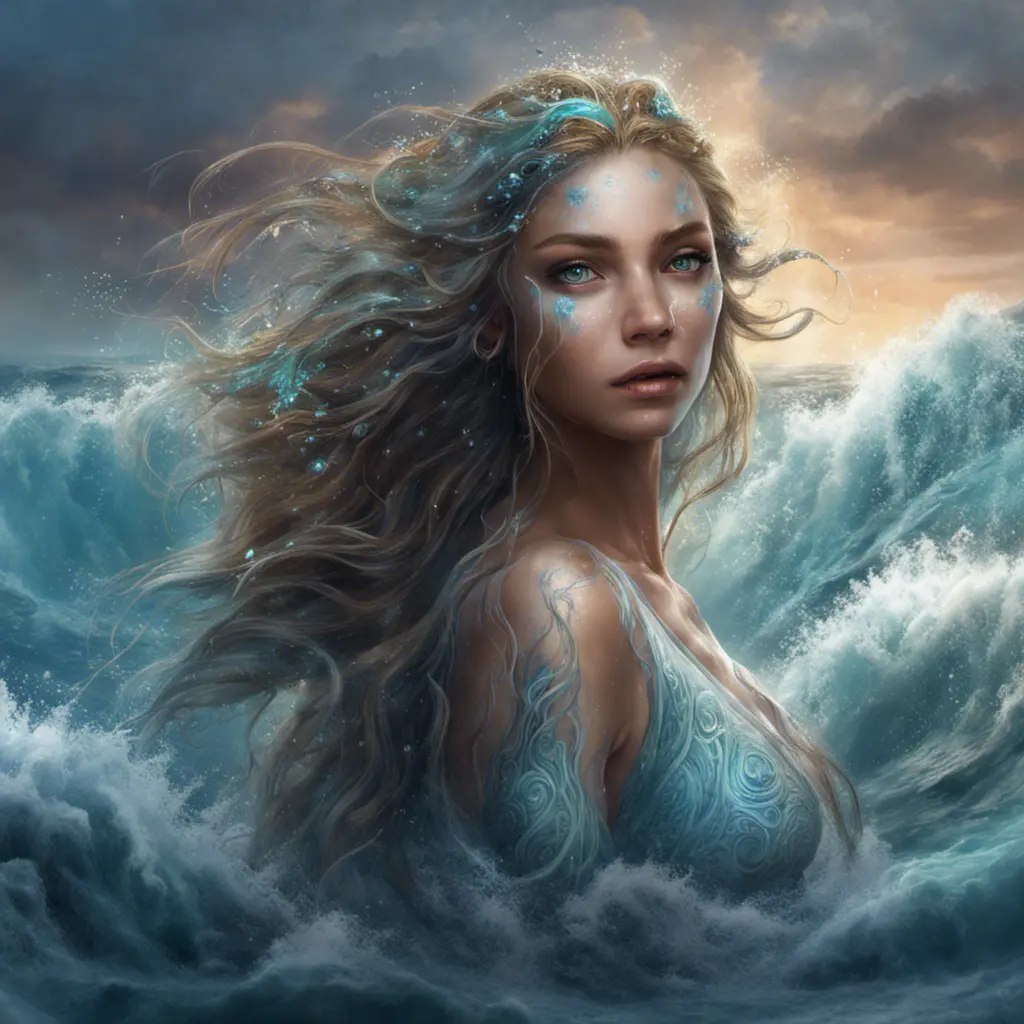 "magical ocean goddess", water, spray, waves, flowing hair, head and shoulders portrait, finely drawn eyes, 8k, Fantasy