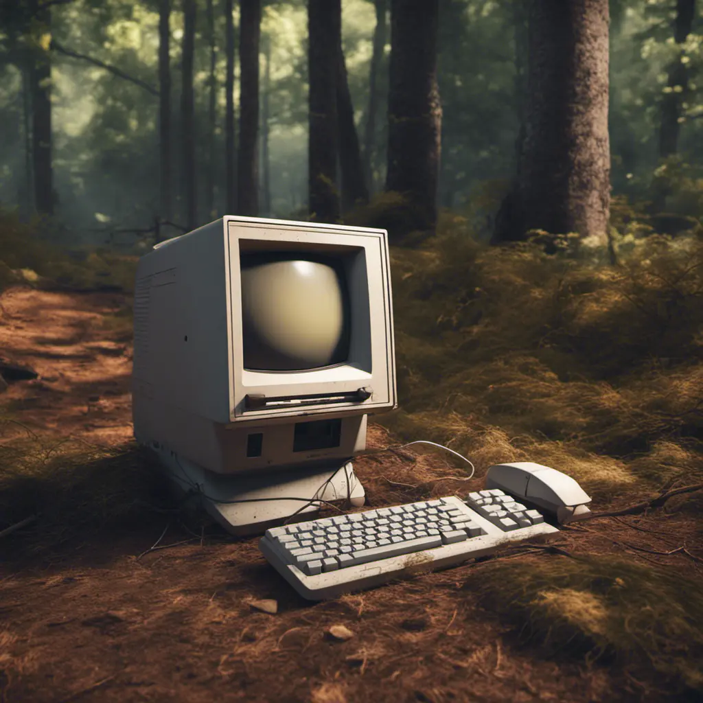 Retro Macintosh desktop computer abandoned in the woods, shot on leica, Unreal Engine, Dynamic Lighting, Volumetric Lighting