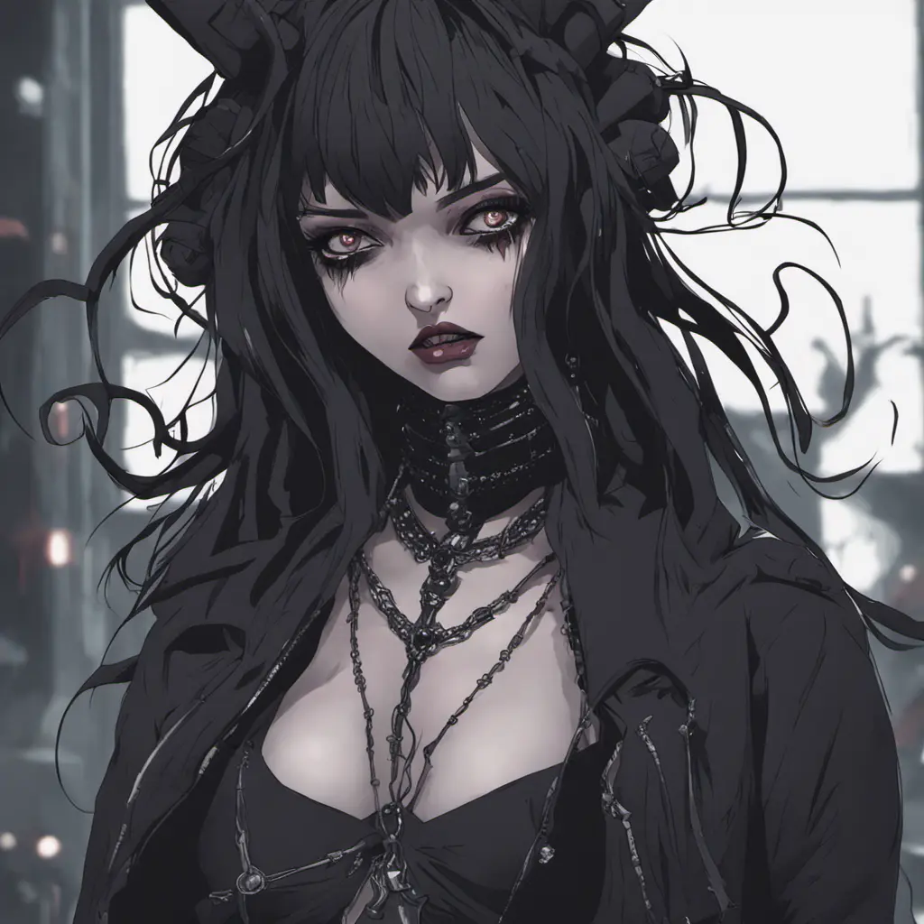 Goth woman in evil anime style, 8k, Dystopian, Dark