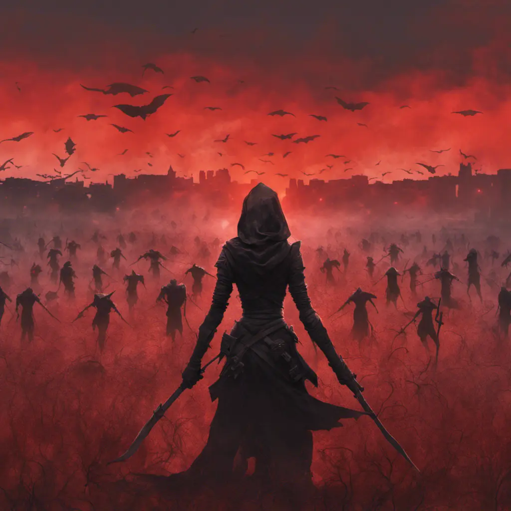 Back view of an assassin woman on a batte field covered by corpses. The sky is colored by a red sun set, Dystopian, Volumetric Lighting