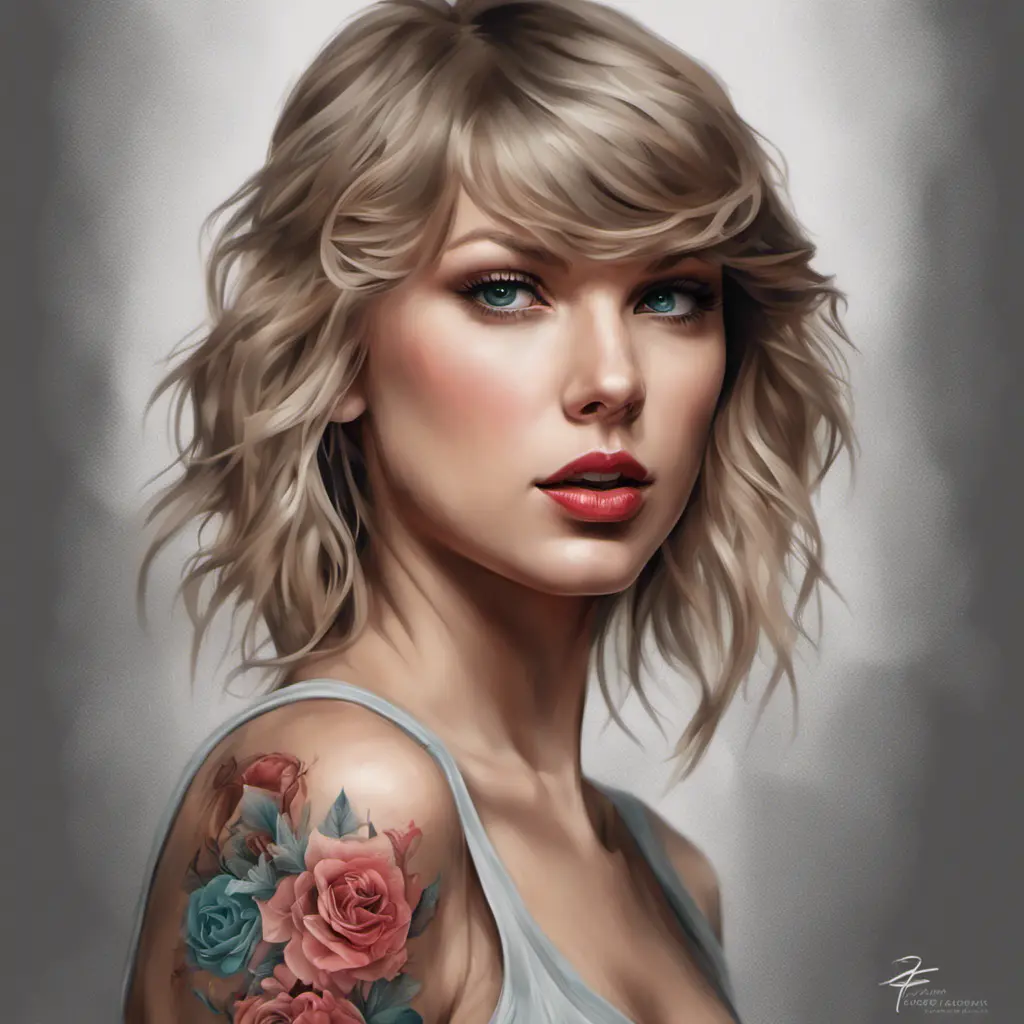 Matte portrait of Taylor Swift with colored tattoos, 4k, Highly Detailed, Powerful, Alluring, Artstation, Magical, Digital Painting, Photo Realistic, Sharp Focus, Grayscale, Volumetric Lighting, Concept Art by Stanley Artgerm Lau, Alphonse Mucha, Greg Rutkowski